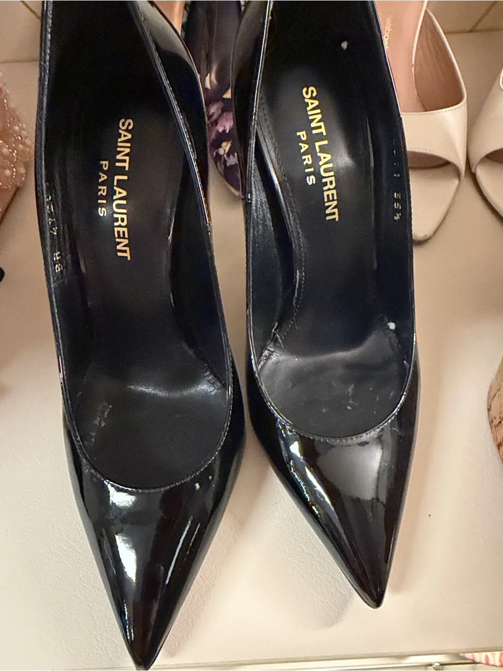 Saint Laurent Black Patent Pumps with Gold YSL Logo Heel - Picture 4 of 6